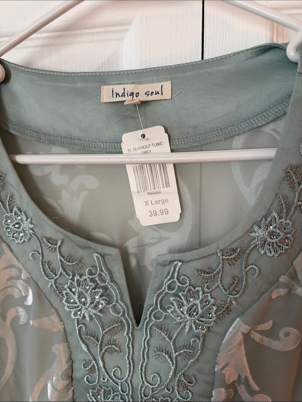 Indigo Soul Embroidered Grey-Green Burnout Tunic